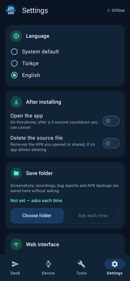 Settings: web, VirusTotal, backup