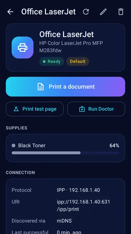 Printer details: status, supplies and connection