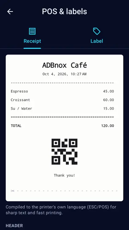 Ready-made layouts for receipt and label printers