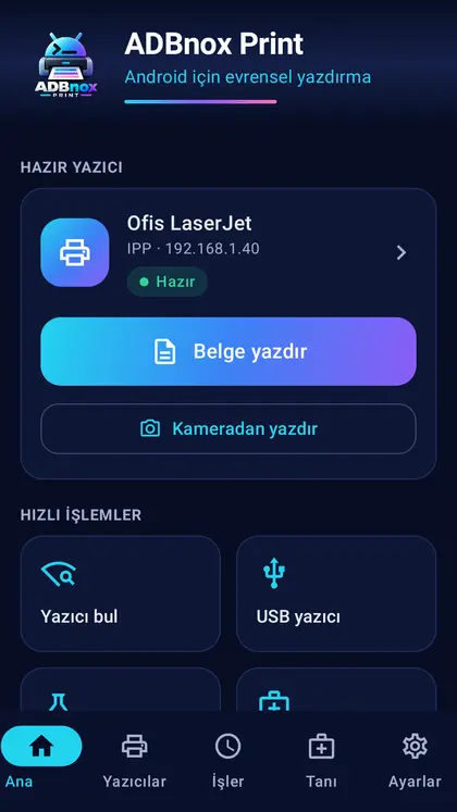 Ana ekran: hazır yazıcı, hızlı işlemler ve son işler