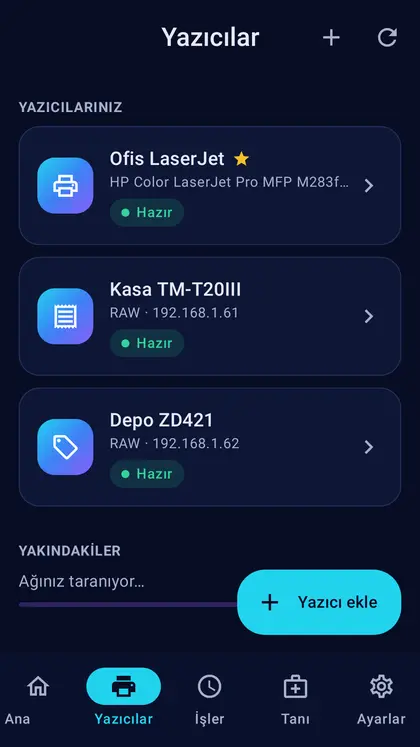 Kayıtlı yazıcılar ve ağdaki yeni yazıcılar