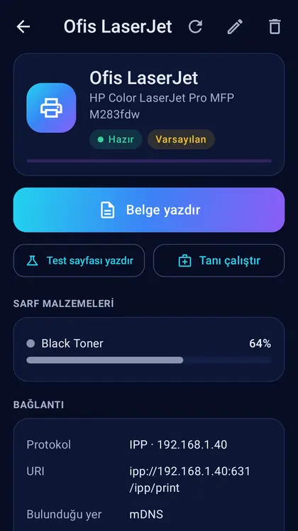 Yazıcı ayrıntısı: durum, sarf malzemeleri ve bağlantı