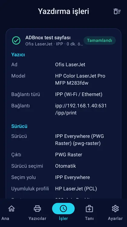 İş geçmişi: yazıcı, bağlantı, sürücü ve ayarlar
