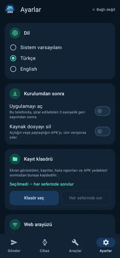 Ayarlar: web, VirusTotal, yedek